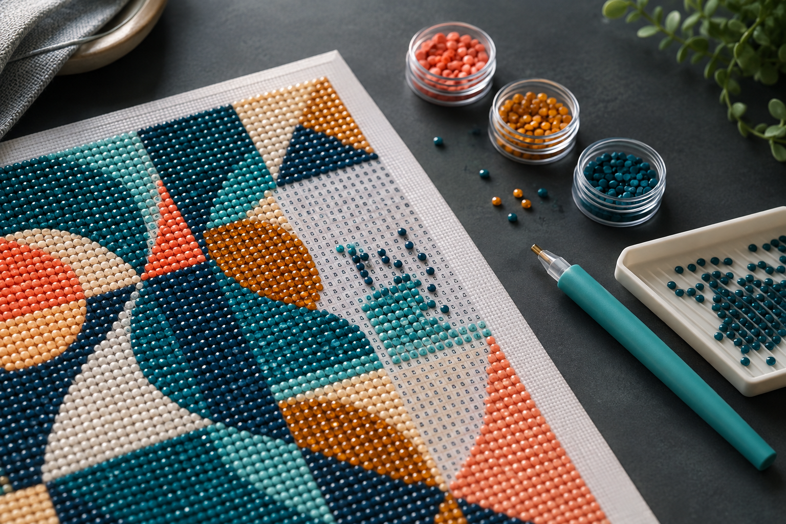 Abstraktes Diamond Painting in Blau- und Koralltönen